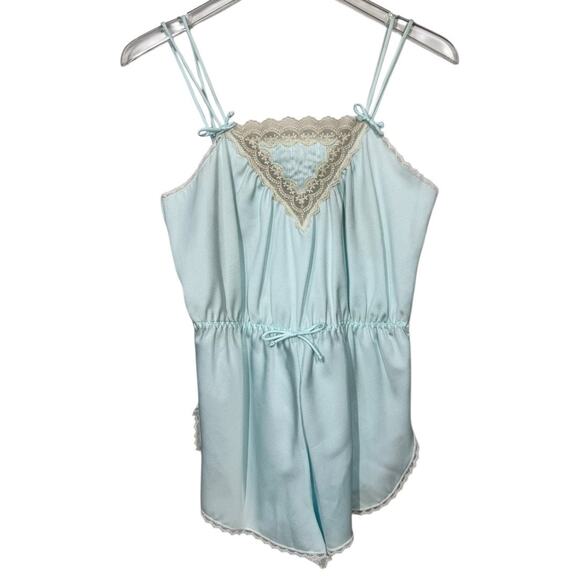 Vintage Brandwine Sleep Romper Teddy Small Blue Satin Lace USA Made High Cut Leg - Picture 1 of 8
